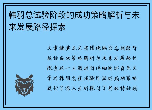 韩羽总试验阶段的成功策略解析与未来发展路径探索