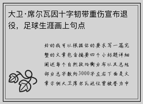 大卫·席尔瓦因十字韧带重伤宣布退役,足球生涯画上句点 大卫·席尔瓦因十字韧带重伤宣布退役,足球生涯画上句点